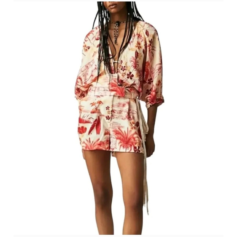 Agua Bendita Linnea Shaka Romper Women S Pink Floral Wrap V Neck Belted Tropical